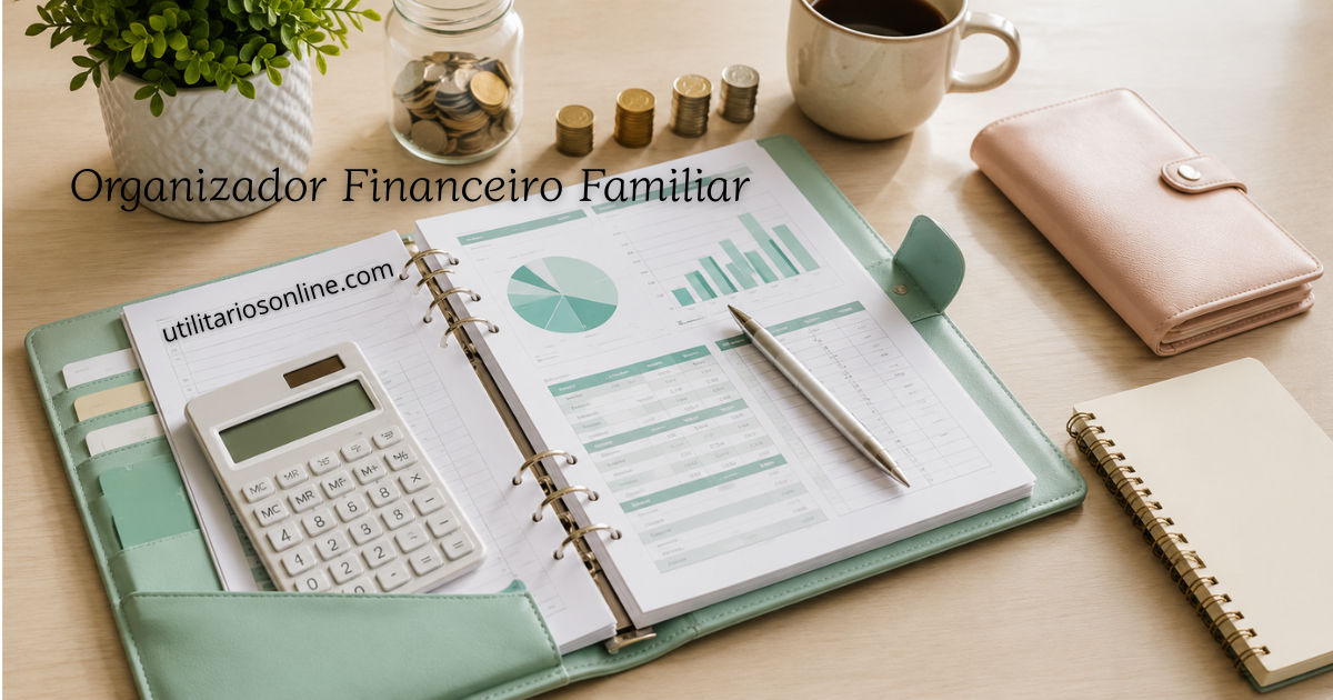 organizador financeiro familiar mostrando controle de receitas e despesas mensais