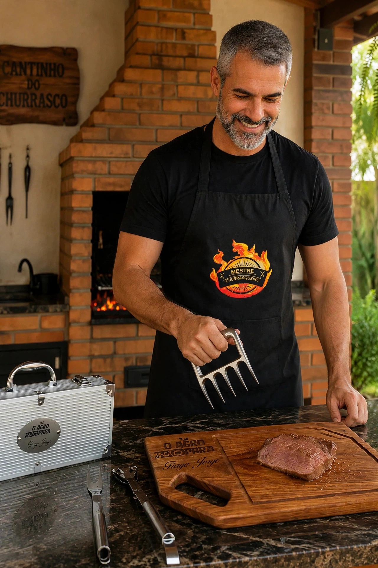 Kit Churrasco Personalizado com Tábua, Maleta, Faca, Garfo e Pegador