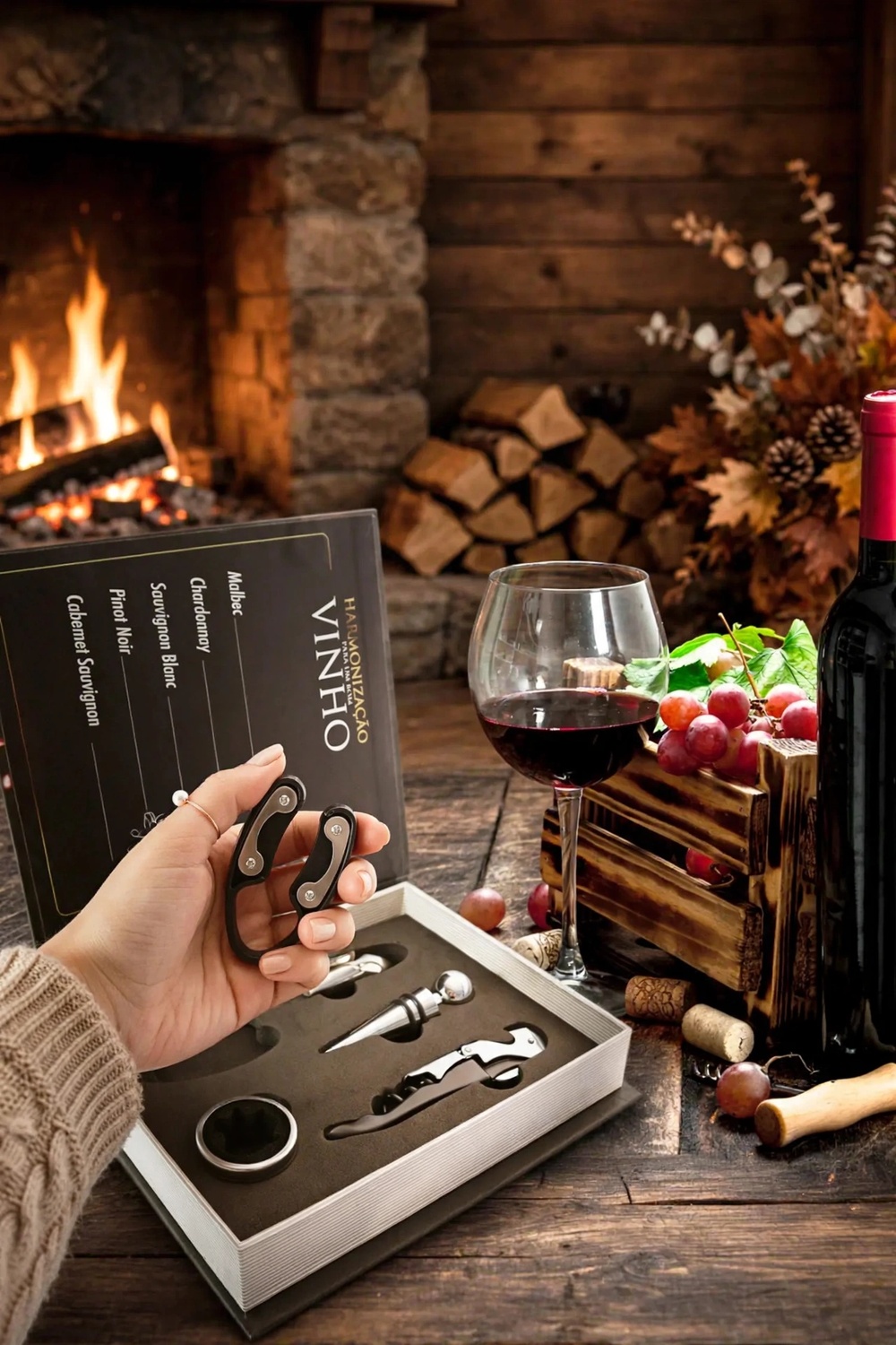 Kit de Vinho Uny Gift 5 Peças em Aço Inox com Estojo Elegante | Presente Sofisticado