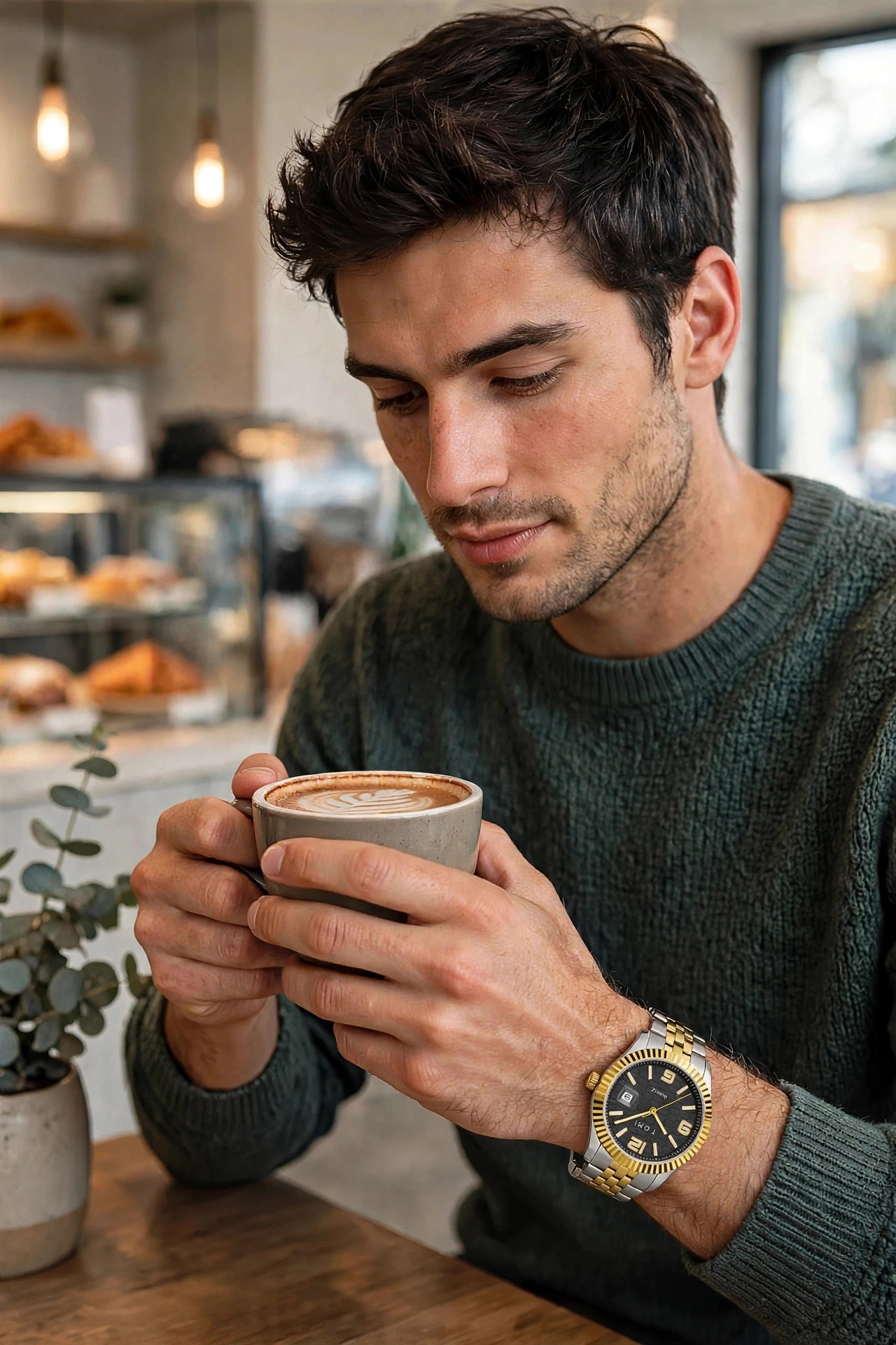 Relógio Masculino TOMI T311 Bicolor Aço Inoxidável Analógico Social com Data e Ponteiros Luminosos