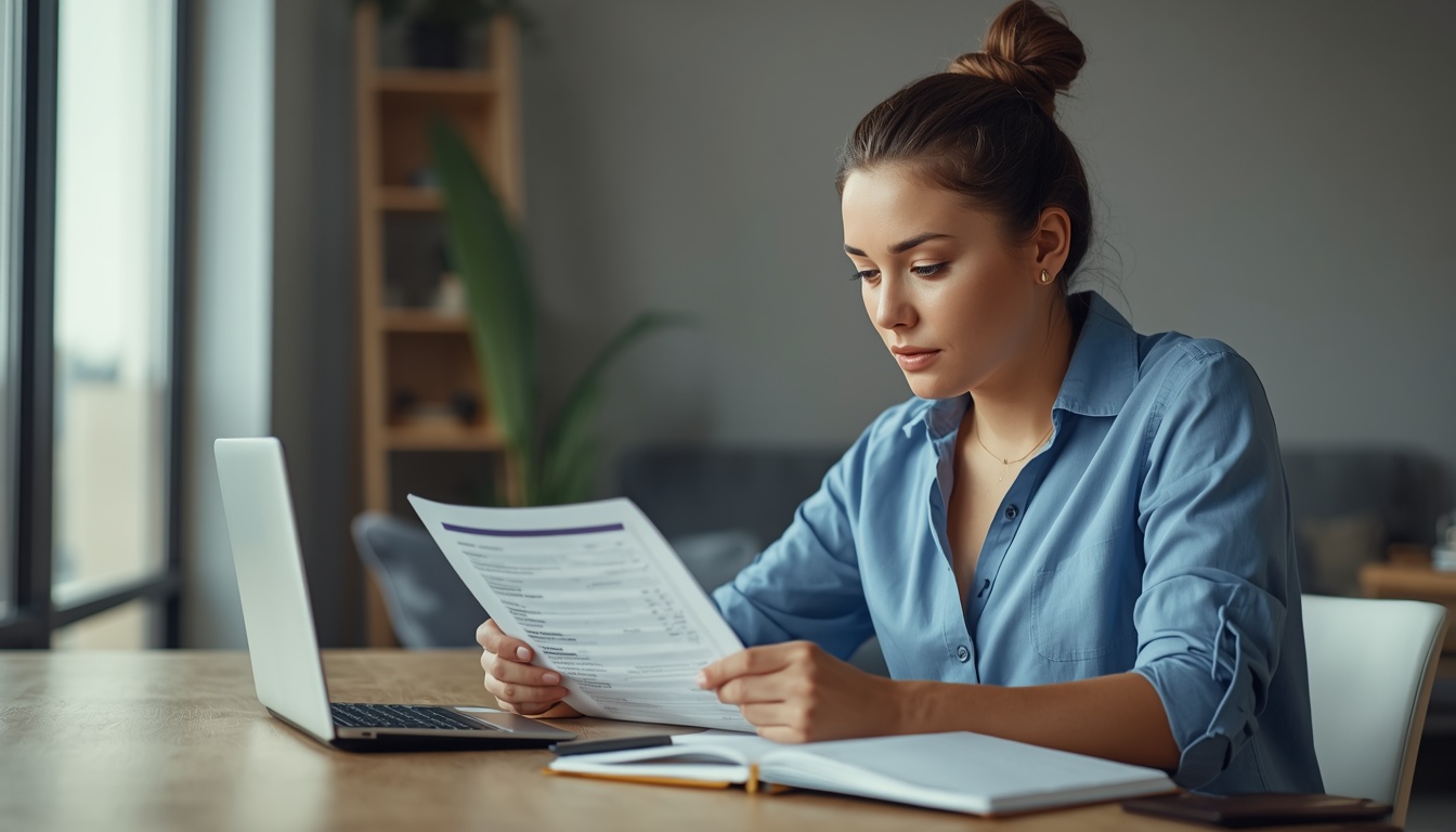 Trabalhadora analisando holerite e calculando os descontos do salário