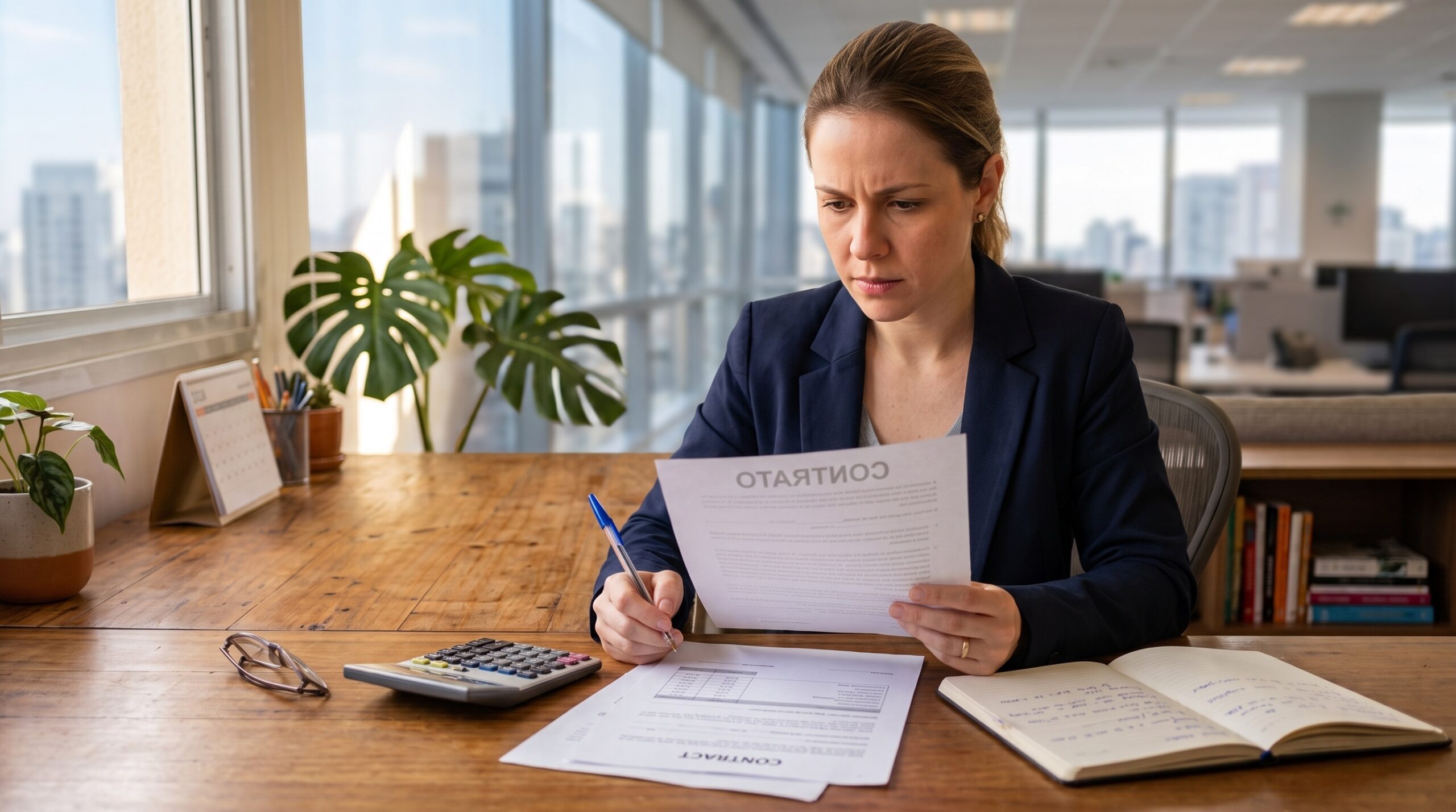Trabalhadora analisando atentamente documentos de rescisão de contrato