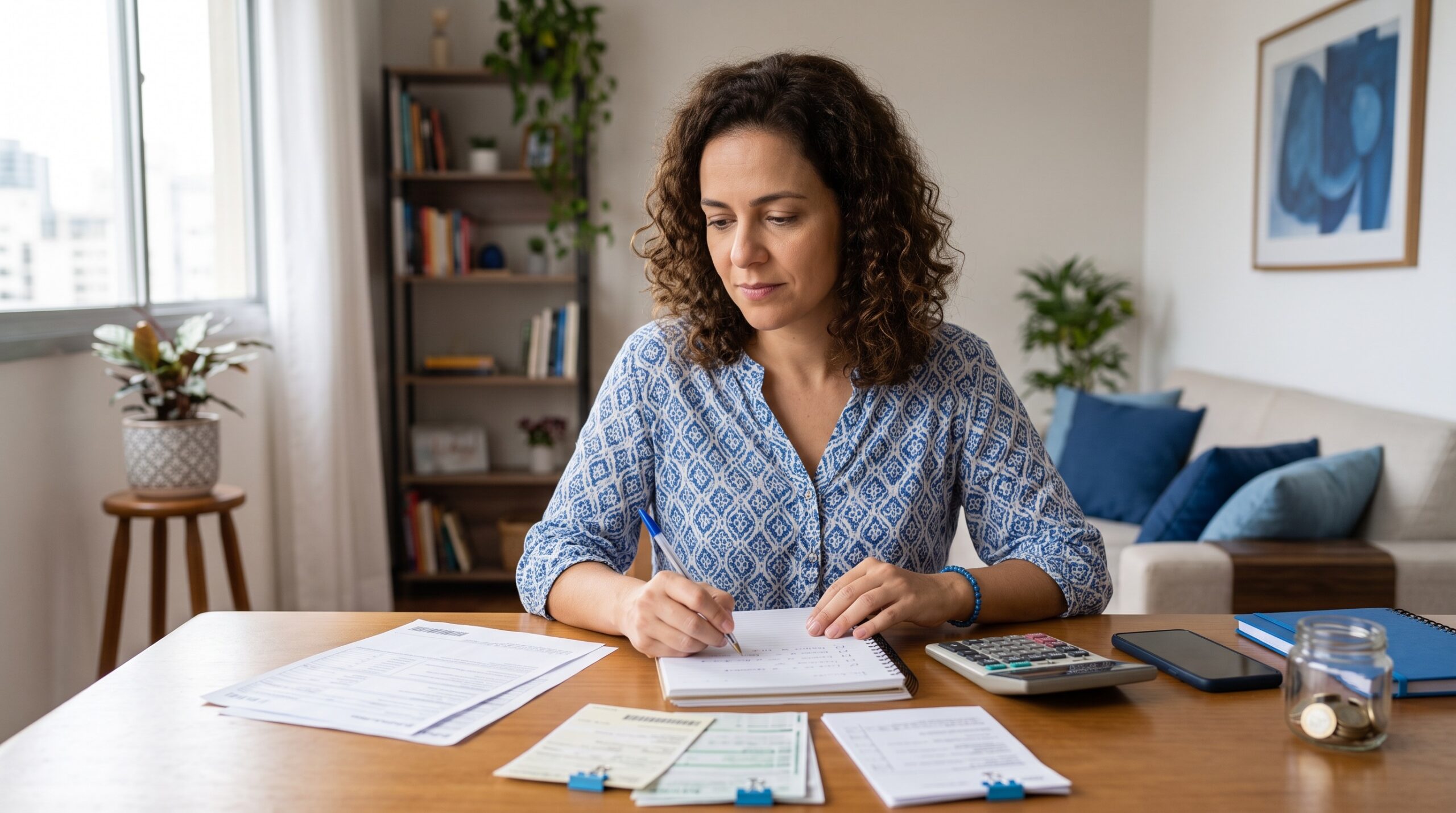 Mulher anotando e acompanhando um planejamento financeiro em casa
