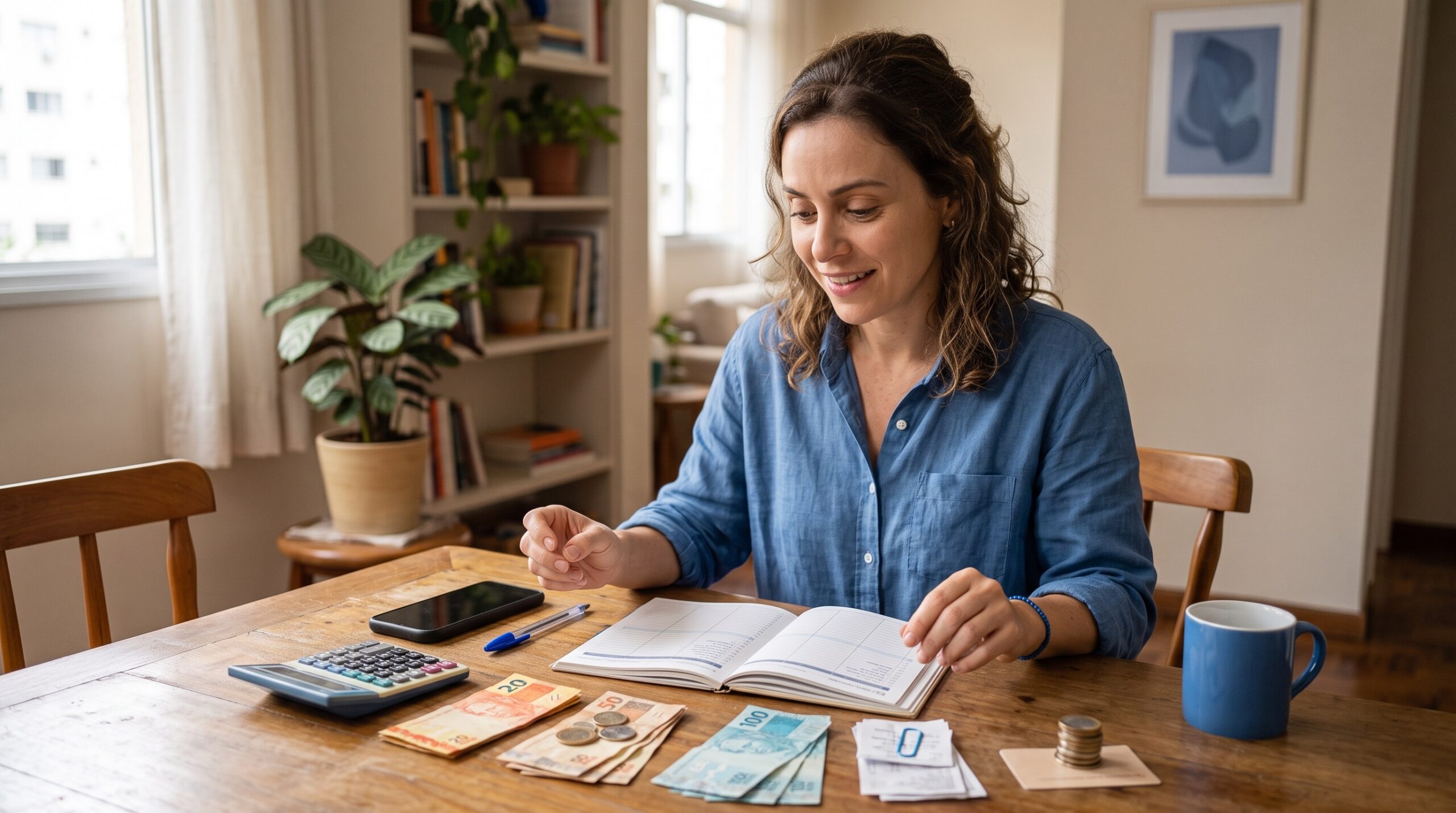 Mulher planejando e acompanhando uma meta financeira em casa